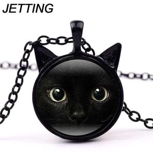 Painting Black Cat Necklace For Pet Lovers Cat Pendant With Two Ears Jewelry Glass Cabochon Girls Gift New