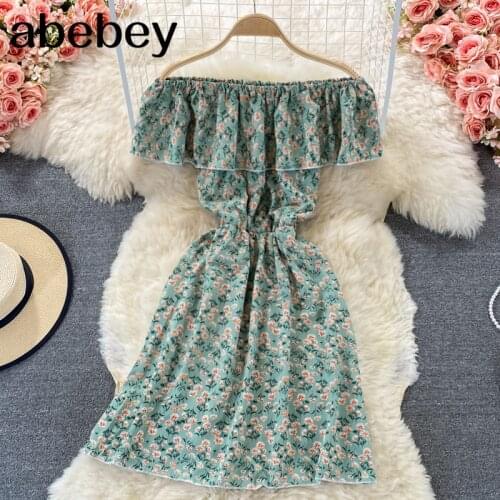 Women Korean Print Dress Sexy Slash Neck Puff Sleeve Sashes Elastic Ruched Dress Summer Off Shoulder Vacation Sundress
