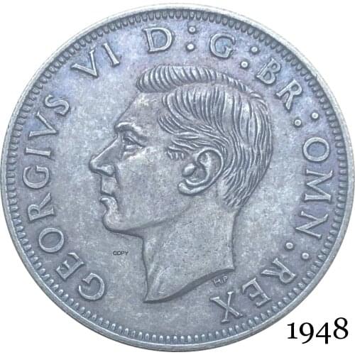 United Kingdom 1948 KG 1/2 Half Crown King George VI Left Sixth Great Britain British HP Silver Plated Copy Coin Reeded Edge