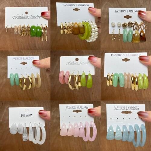 Colorful Resin Earrings Set Pearl Hoop Candy Color Metal Mix Match 2021 New Style for Women Wedding Party Earrings