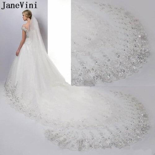 JaneVini Luxury Sequined Lace Edge Long Bridal Veil 3 Meters One Layer Ivory White Wedding Veil Lace With Comb Cathedral Veils