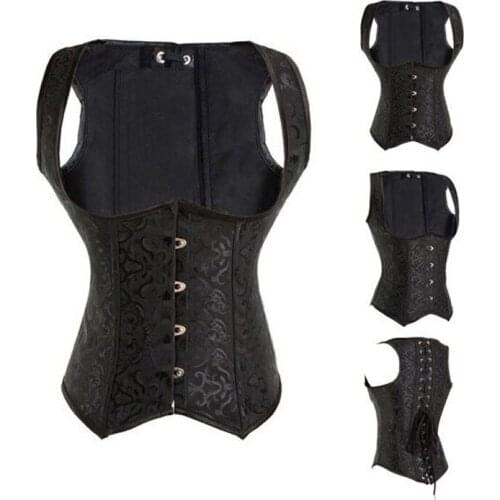 Sexy Shaped Corset Korset Bustier Women Plus Size Drawstring Front Closure Solid Black Non-convertible Straps Satin Boned Top