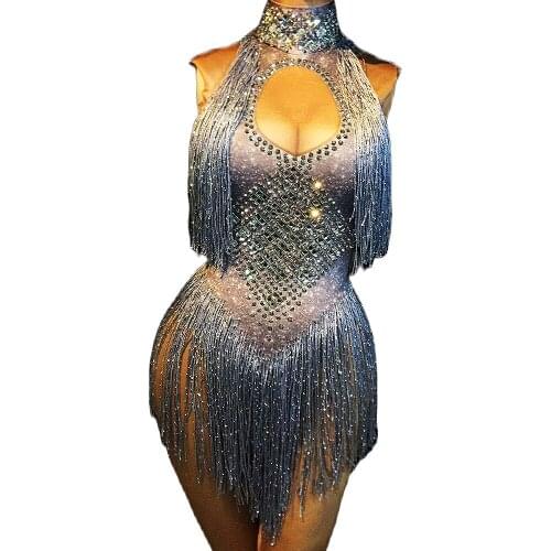 Silver Backless Bodysuit Women Sparkling Rhinestones Tassel Bodycon Ladies Nightclub Performance Dance Costume Stage Wear