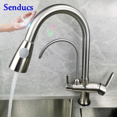 Touch Filter Kitchen Faucets Senducs Brushed Nickel Pull Down Kitchen Mixer Faucet Smart Touch Sensor Pure Kitchen Sink Faucets