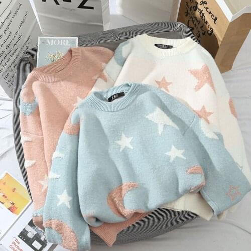 Vintage Kawaii Soft Knitted Sweater Women O-Neck Long Sleeve Autumn Winter Jumpers Stars Moon Designer Pullovers Outwear X712