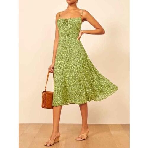 Yinlinhe Print Green Backless Summer Dress Women Elastic Wasit Lace Up French Style Vintage Dress Outfit Long Dress Holiday 1665