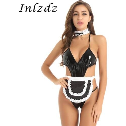Womens Erotic Sex Maid Cosplay Costumes Outfit Halter Neck Front Cut Out Backless Thong Leotard Bodysuit with Apron and Choker