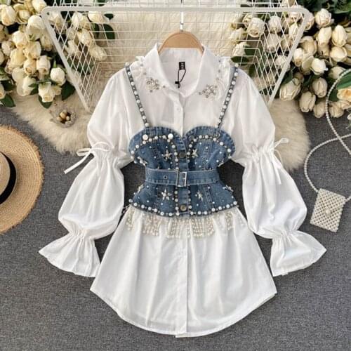 Women Two Piece Set Suits Fashion Diamond-Studded Beaded Long Sleeve White Elegant Shirt Blouse+Tassel Pearl Denim Vest