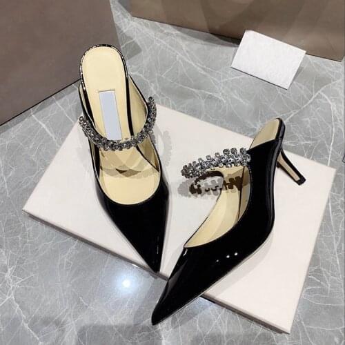 Women High Heels Slippers Patent Leather Pointed Toe Rhinestone Fashion Ladies Shoes Luxury Design Outside Slides Zapatillas