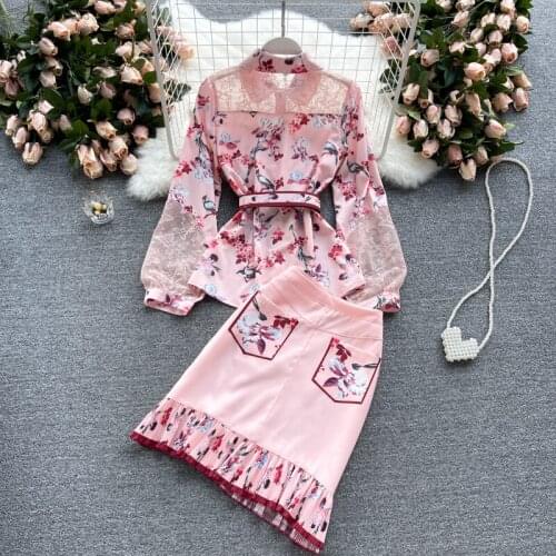 Womens Spring Summer Runway Fashion Lace Patchwork Sleeve Pink Print 2 pcs Dress Female Chic Travel Vintage Party Dress TB962