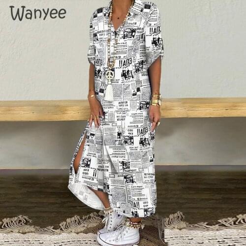 Women Fashion Short Sleeve Long Shirt Dresses Lady Turn-Down Collar Loose Sundress Party Autumn Geometric Print Female Clothing