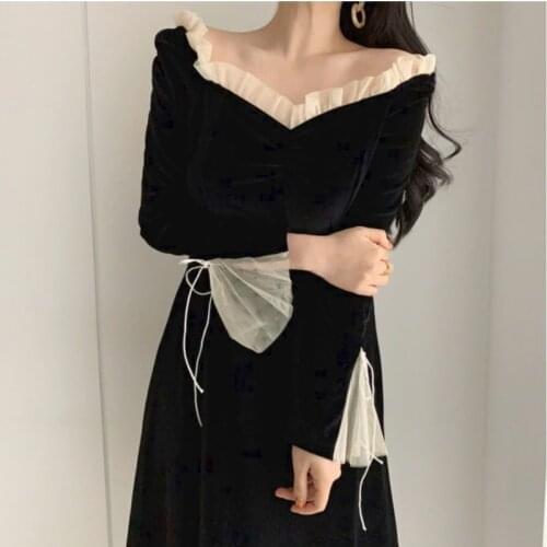 Antumn Winter Evening Party Midi Dresses Women Black Korean Fashion Elegant Vintage Dress Ruffle Long Sleeve One-piece Dress New