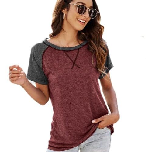 2021 Summer Women Casual Raglan Short Sleeve T-shirt Loose O Neck Tops Clothes Female Patchwork Fashion Retro Ladies Tees Shirts