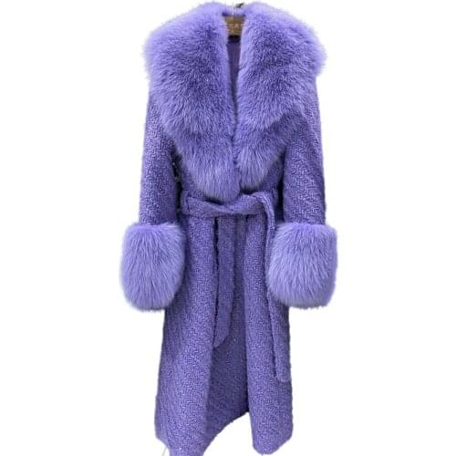 2021 Luxury Thick Women Winter Coat With Big Real Fox Fur Collar Cuff Long Slim Sheep Wool Blend Jacket Belt Woolen Overcoat