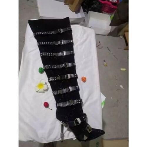 Black Crystal Spiked Rhinestone Thigh High Heeled Boot Over The Knee Multi-Buckle Stiletto High Heel Winter Boots Pointed Toe