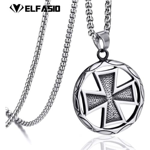 Elfasio Mens Stainless Steel Chain Large Heavy Silver Iron Cross Double Sided Pendant Necklace Custom length 45-90cm