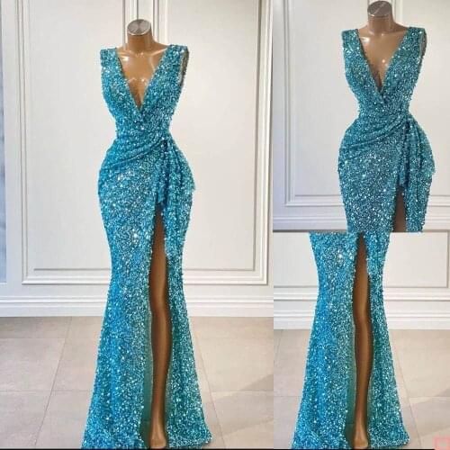 Graceful Mermaid Deep V Neck Sleepwear Sequins Split Floor Length Evening Dress Custom Made Gorgeous Party Dress