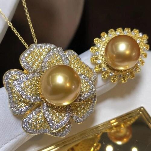 D416 Pearl Set Fine Jewelry 925 Sterling Silver Natural Round 11-13mm Fresh Water Golden Pearls Jewelry Sets for Women Presents