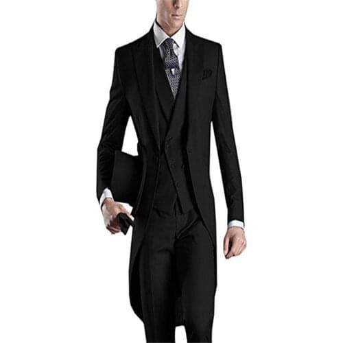 2020 Black Italian Tailcoat Morning Wedding Suits for Men Groomsmen Tuxedo 3 pieces Groom terno masculino Peaked Lapel Mens Suit