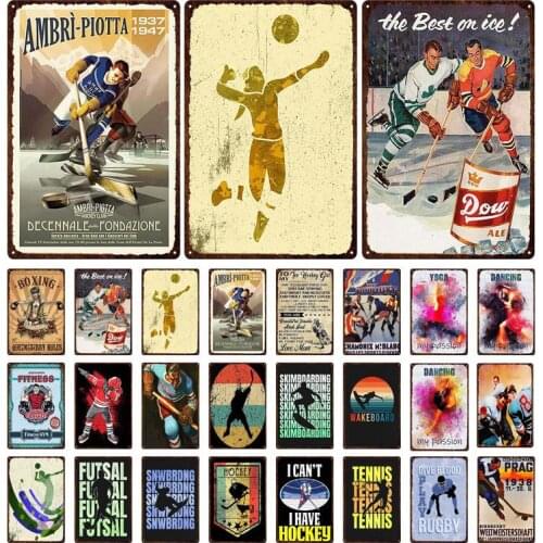 Sports Athlete Metal Signs Volleyball Dance Yoga Ice Hockey Rugby Retro Tin Sign Shabby Plaques Gym Club Wall Plate Poster Decor