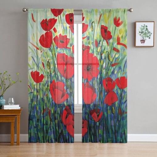 Oil Painting Poppy Flower Sheer Curtains for Living Room Modern Voile Curtain Bedroom Tulle Curtains Window Drapes Decor