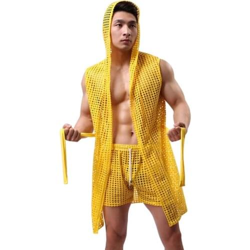 Mens Bathrobes Kimono Home Casual Sleepwear See Through Sexy Mens Bathrobe Gown Hooded Mantle Pijama Men Homme Badjas Dressing