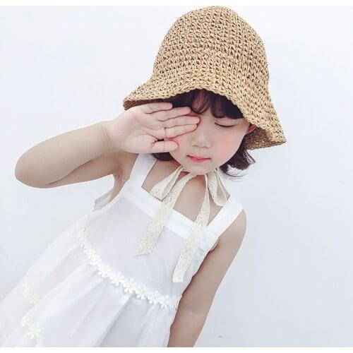New Korean style childrens sunscreen beach lace fishermans sun straw hat in spring and summer of 2021