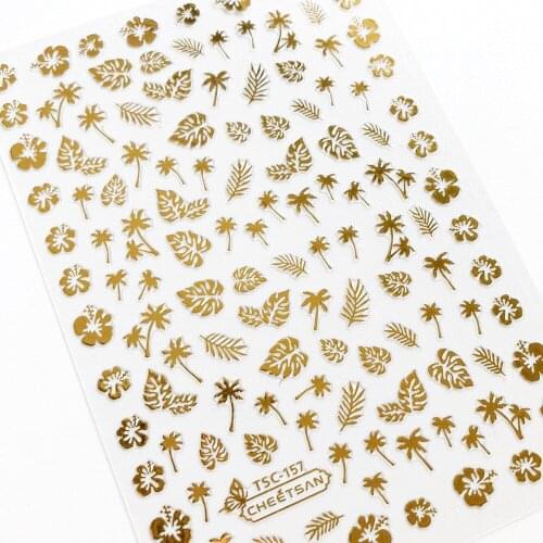 Newest CB-47 3d nail art sticker golden coconut tree leaves design self adhesive nail decal decoration tools for nail tips