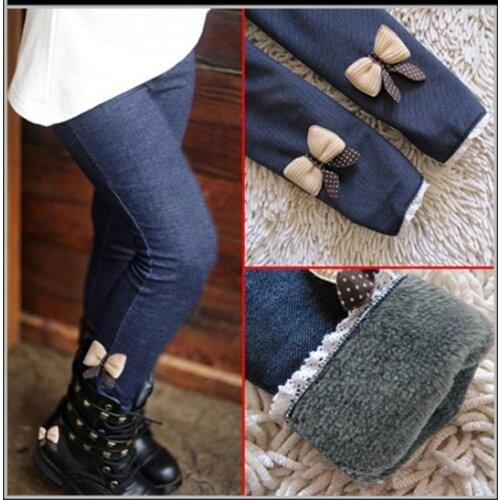 New Girls' Fall Winter Thickened Jeans Korean Childrens Plush Bottom Pants Girls' Long Pants