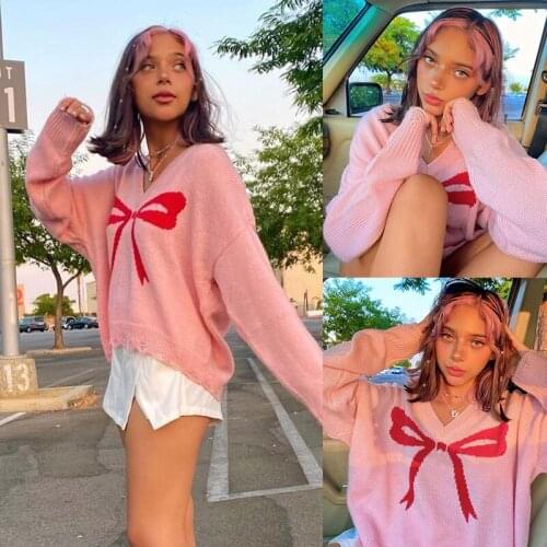 Casual Pink Sweat Cute Knit Sweater Autumn Winter Print Jumper Women V Neck Loose Warm Pullover Korean Fashion