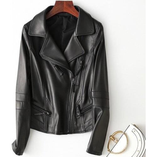 Autumn Office Lady Clothes Real Jacket Women Lapel Long Sleeve Slim White Lambskin Genuine Leather Short Coats Female