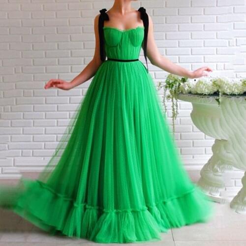 Spaghetti Strap Arabic Dubai Prom Dresses Vestidos Longo Sweetheart Dot Net Girl Evening Dress With Sash Formal Party Dress