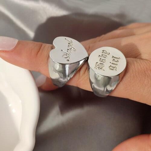 JUST FEEL Gold Silver Color Heart Carved Letter Rings For Women Round Square Geometric Metal Rings 2021 Trendy New Jewelry Gift