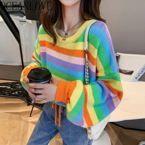 OCEANLOVE Japanese Sweet Rainbow Striped Knitted Pullover Autumn Lantern Sleeve Loose Drawstring Tops Fashion Women Sweaters