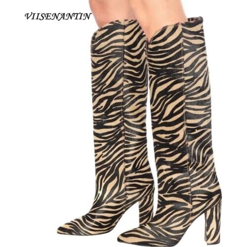 Thick Heel Snake Pattern Knee Boots Leopard V Mouth High Tube Show Boots Crocodile High Heel Straight Boots Women
