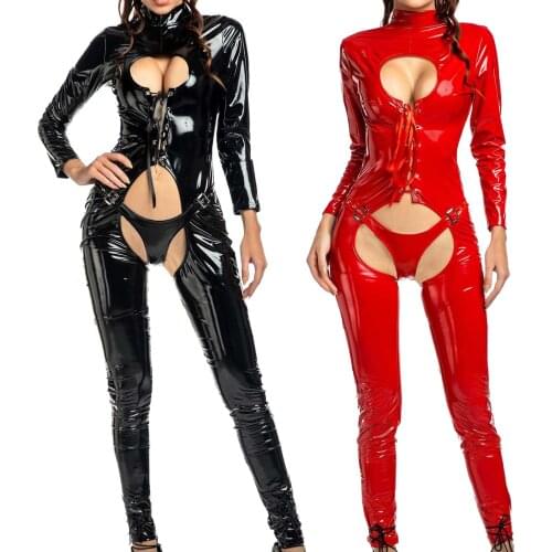 Sexy Hot Women Faux Leather Bodysuit Keyhole Lace-up Crotchless Jumpsuits Catsuit High Neck Long Sleeve Open Butt Leotard T-back