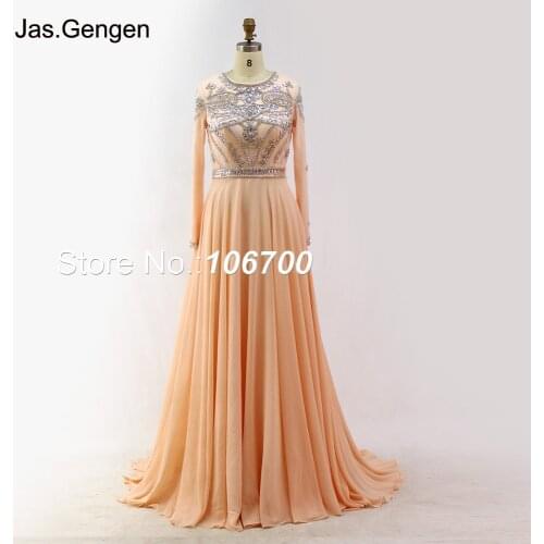 Real Photos Long Sleeves Chiffon robe de bal Hand Made Crystal Beading Sheer Tulle Custom Made Peach Pink Colors Prom Evening
