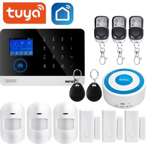 EN RU ES FR PL DE IT Switchable Wireless Home Security TUYA WIFI GSM GPRS Alarm system APP Remote Control RFID card Arm Disarm