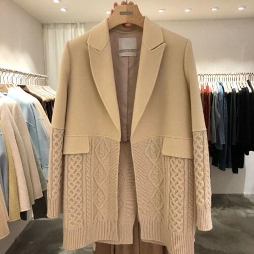 Loose Wild Fashionable Casual Thin No Button Stitching Knitting Design Mid-length Suit Jacket Female Korean Style