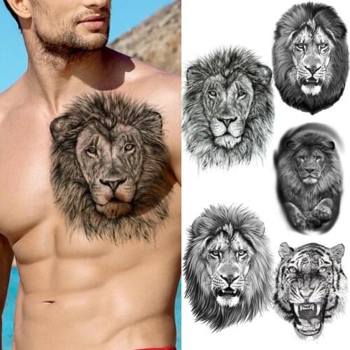 Black Lion Chest Temporary Tattoos For Men Adult Realistic Black Fake Animal Tattoo Sticker Body Art Washable Half Sleeve Tatoos