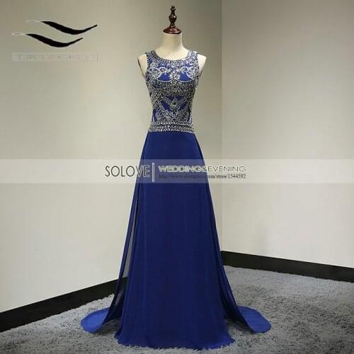 Scoop Neck Champagne Heavy Beaded Bling Bling Royal Blue Crystal Prom Dress 2015 vestidos de fIesta Evening Gowns SL-P107