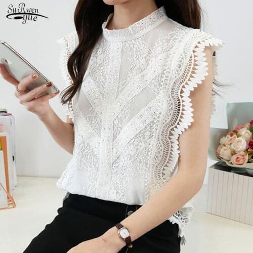 Summer New Sleeveless Loose Womens Blosue Ruffles Stand Collar White Shirts For Women Blusas Elegant Slim Lace Shirt Tops 14733