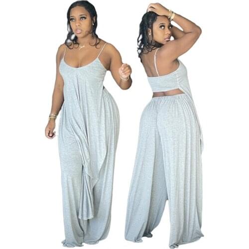 2 Piece Matching Set Summer Women Sets Solid Sleeveless Spaghetti Strap Back Hollow Out Long Tops Loose Floor-length Pants 2021