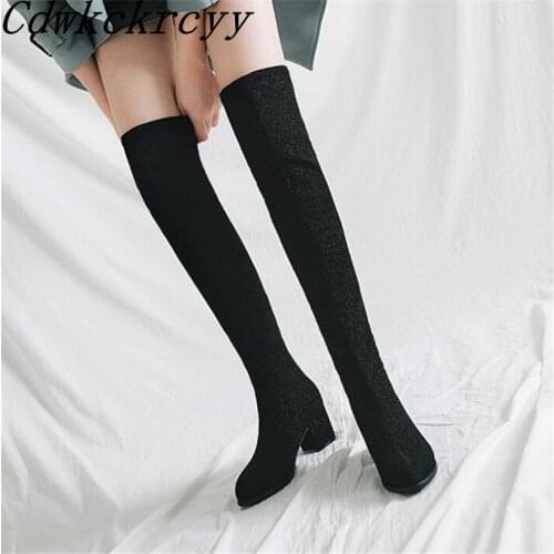 Winter New pattern fashion Round head black sexy Over knee Boots Square following Add wool Keep warm Women Boots plush size34-43