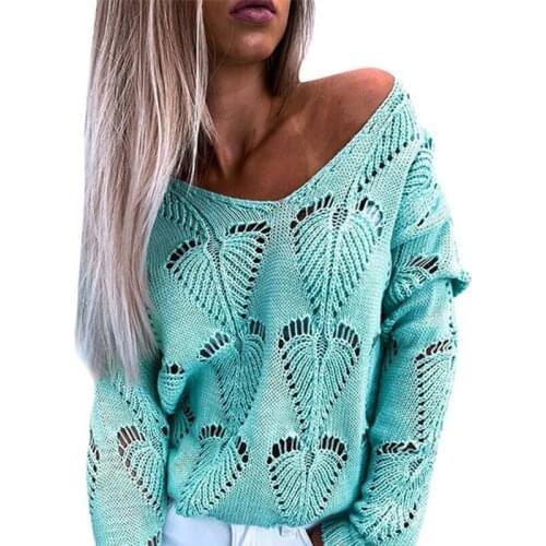 Hollow Out Women Sweater Casual Solid Color V-Neck Loose Autumn Winter Chothes Sweaters Plus Size S-XL