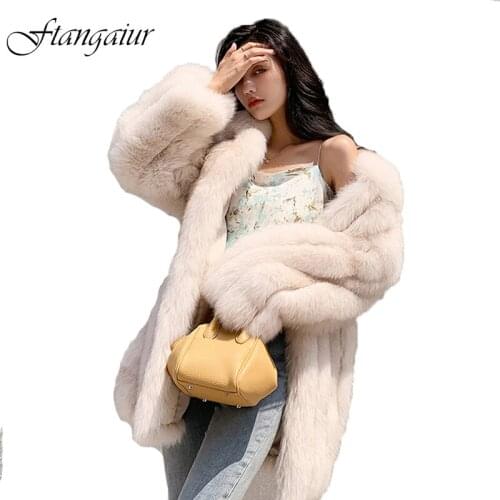 Ftangaiur 2021 Women Winter Import Fox Fur Coat Weave Whole Skin Female Fox Coats Medium Turn-Down Collar Natural Fox Fur Coats