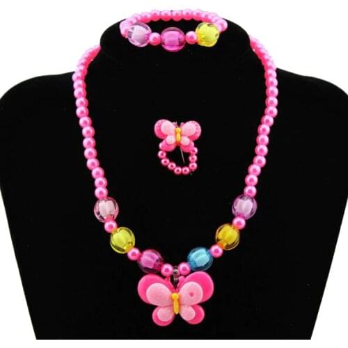 1Set=3pcs Imitation Pearl rose pink butterfly Necklace Bracelets rings kids Children Jewelry Sets for Xmas party girls Gift