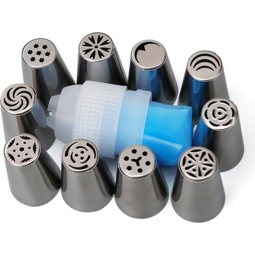 11Pcs/Set Stainless Steel Russian Bag Cupcake Icing Piping Nozzles Cake Decorating Supplies Reusable Pastry Bags Nozzle Set