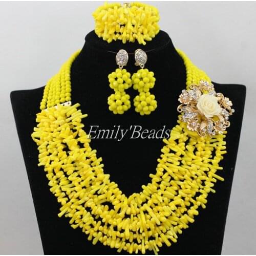 2016 Glamorous Yellow Crystal Beads Mix Coral Beads Jewelry Set Nigerian Wedding African Beads Necklace Set Free Shipping AIJ394
