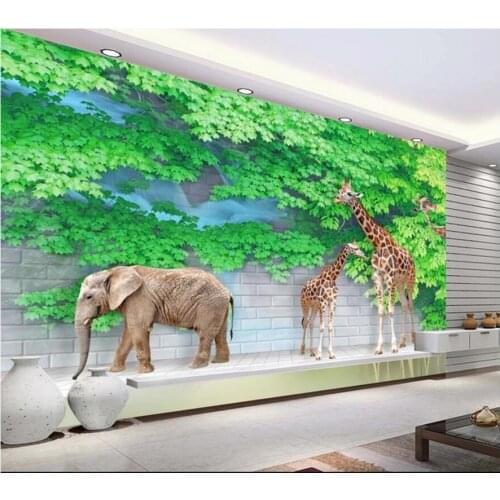 Custom photo 3d wallpaper Elephant giraffe plant brick wall living room home decor 3d wall murals wallpaper for walls 3 d
